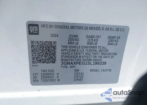 2025 Chevrolet Equinox Awd Lt из США, поврежденный, VIN 3GNAXPEG1SL198339